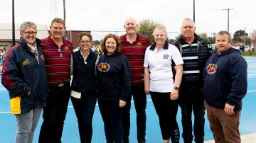 Member for Cootamundra Steph Cooke (third from left) with members of the Ganmain Grong Grong Matong Lions Football Netball Club Kendra Kerrisk, Jason Hamblin, Bron Hatty, Warwick Smith, Guy Purcell, and Alexander Patterson. Picture supplied