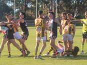 Tempers flare between North Wagga and East Wagga-Kooringal in the Farrer League game at McPherson Oval. Picture by Matt Malone