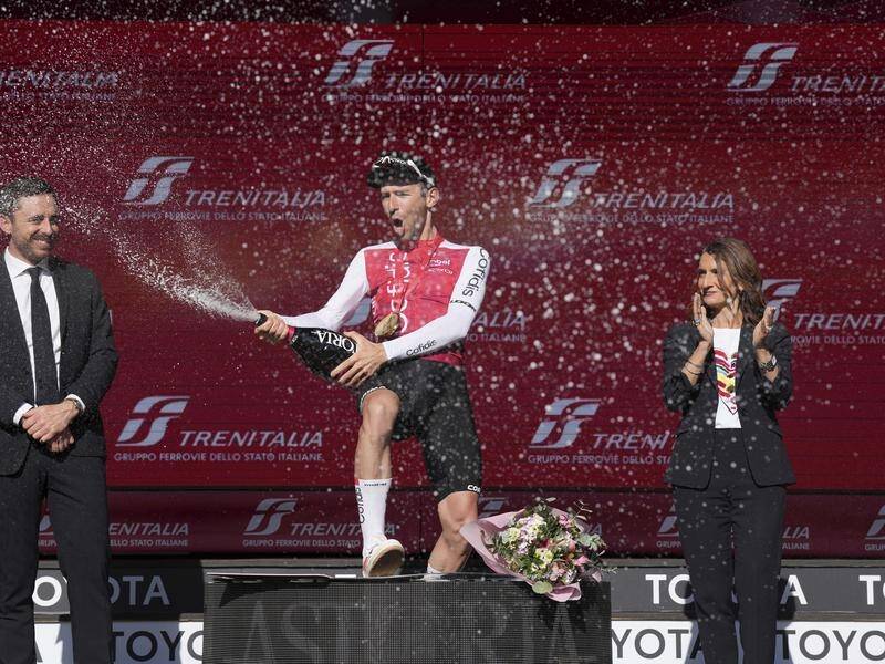 Benjamin Thomas celebrates on the podium after winning the fifth stage of the Giro d'Italia. (AP PHOTO)