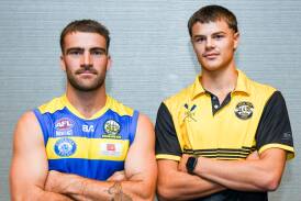 MCUE coach Nelson Foley and Wagga Tigers defender Crawford Wadley ahead of the Good Friday season-opener at Mangoplah Sportsground. Picture by Bernard Humphreys