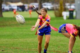 Junee's Kate Foley passes during their round five game against Wagga Brothers. Picture by Bernard Humphreys