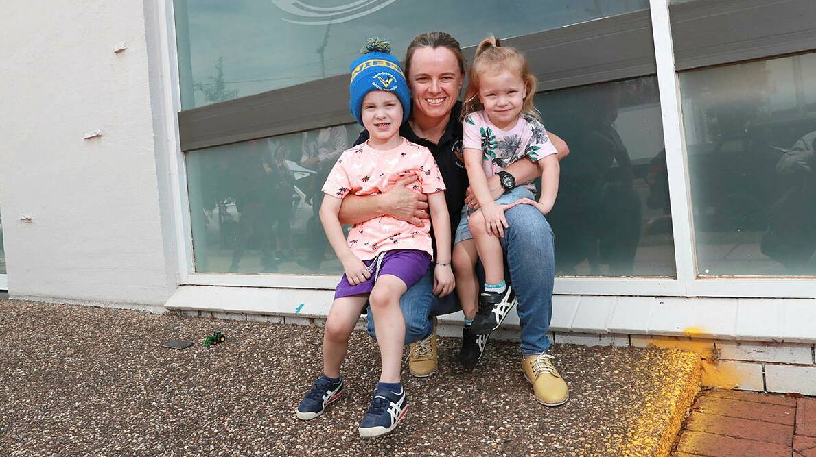 Julie McLean with kids Teddy Hyland-McLean, age 4 and Albie Hyland-McLean, age 2, at the Southern NSW WOmen's League launch in 2020. Picture by Les Smith