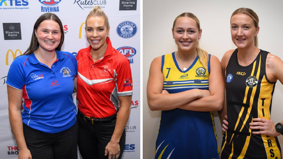 Turvey Park's Niamh Boyer, Collingullie-Wagga's Olivia Jolliffe, MCUE's Ash Reynoldson, and Wagga Tigers' Jess Allen at the AFL Riverina season launch. Pictures by Bernard Humphreys