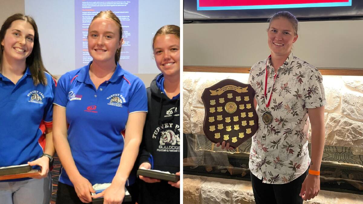 Turvey Park award winners Mikelli Garratt, Alexa Fellows, and Jessica Wendt, and Collingullie-Wagga best and fairest winner Jesse Goldski. Pictures supplied