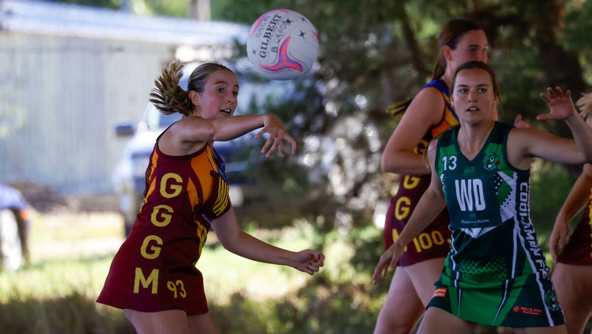 GGGM's Abbey Hamblin passes down court during their game against Coolamon. Picture by Bernard Humphreys