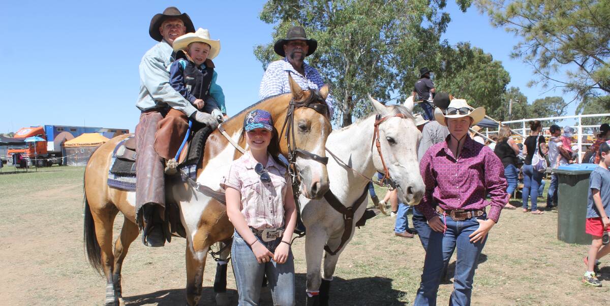 READY TO RIDE: Brett Wilson and son Cody, 5, Jess Hall, 14, Mike Minogue, and Laine Seary prepare for the Wagga Stampede. Picture: Nikki Reynolds 