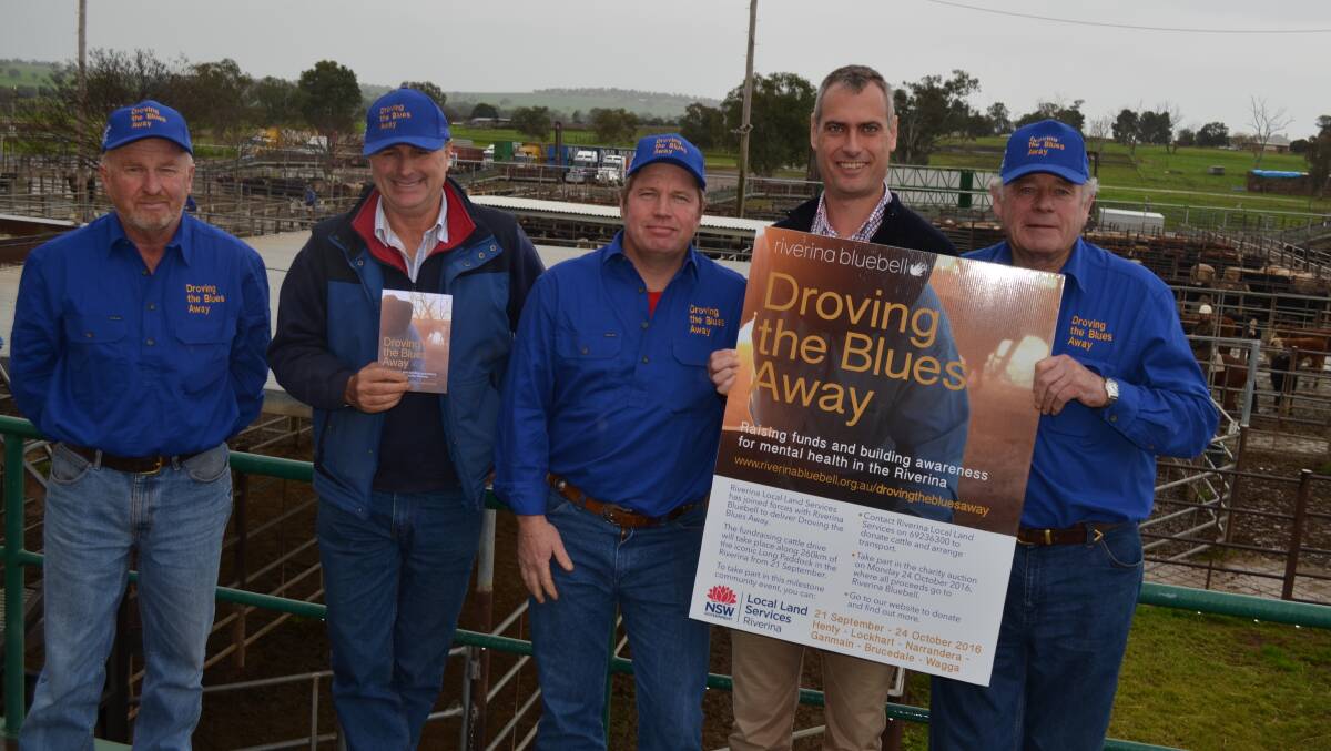 CHARITABLE CATTLEMEN: Steve Matthews, Lockhart, Barney Hymans, Batlow, Chris Wilson, Wantabadgery, Rob Kelly, Riverina Local Land Services and Mac Armytage of Euberta are pictured at the Wagga cattle sale. Picture: Nikki Reynolds 