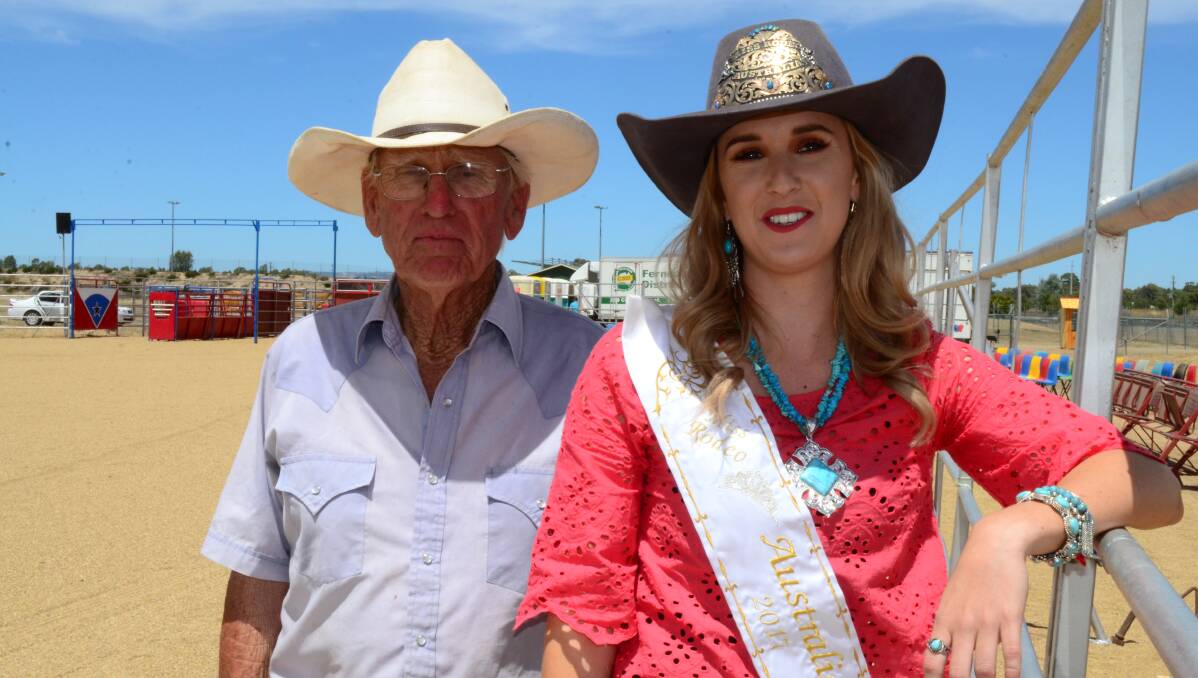 TAKING CENTRE STAGE: Stock contractor John Gill of The Rock catches up with Miss Rodeo Australia Emma Deicke in the lead up to the Wagga Rodeo. Picture: Nikki Reynolds 