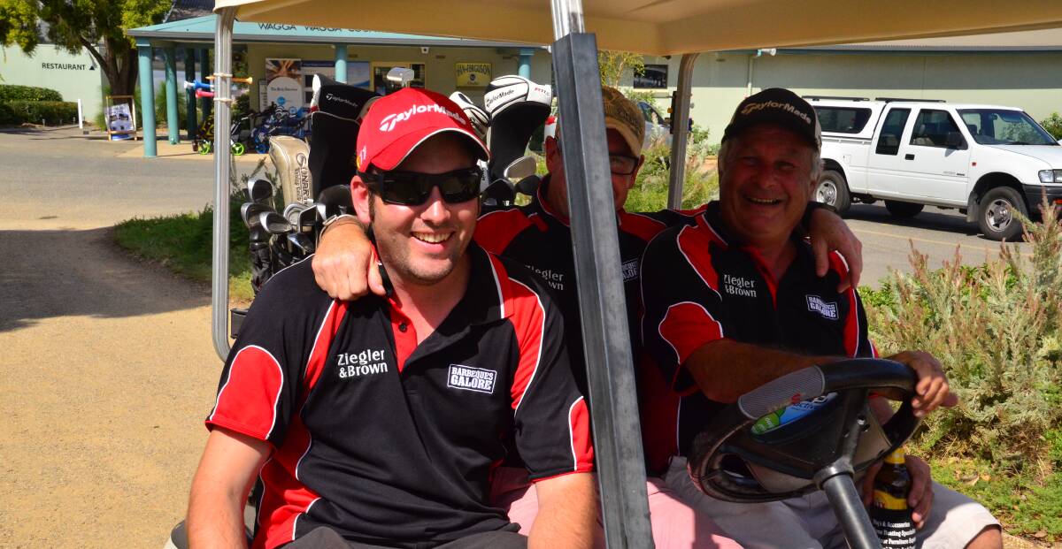 OUT FOR THE WIN: The Barbeques Galore team head off for the first tee at the Charity Golf Day in 2015. 