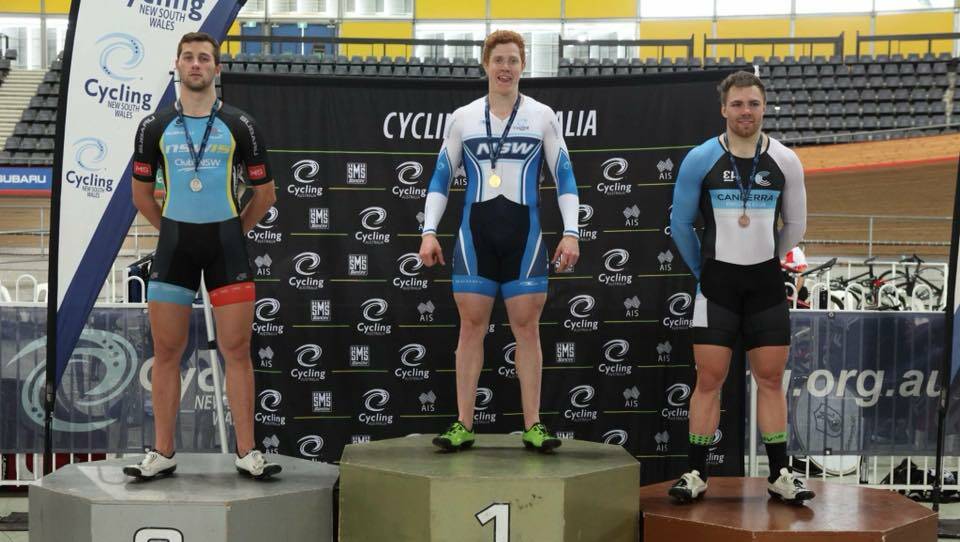 VICTORIOUS: Max Housden basks in the glory on the podium at the NSW Elite and Under 19 Track Championships in Sydney on Saturday. Picture: Supplied