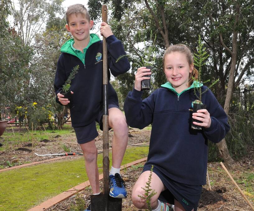 HARD AT WORK: Blaine Speers and Maggie Hallcroft of Lutheran Primary School, both 10, get involved with Schools Tree Day.
