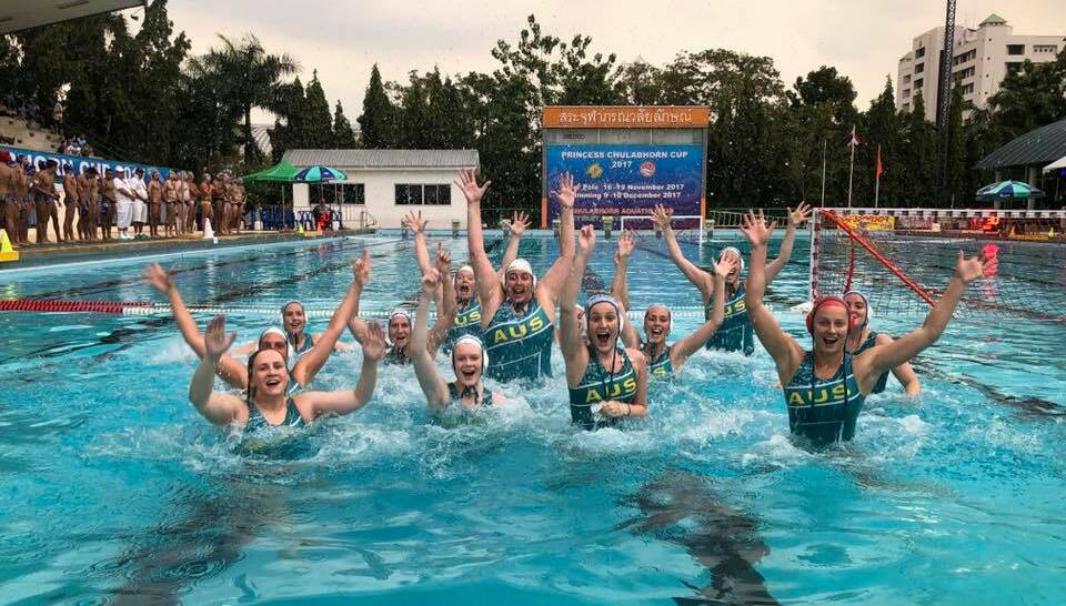 JUMPING FOR JOY: Australia Country hit the pool. Picture: Australia Country Water Polo