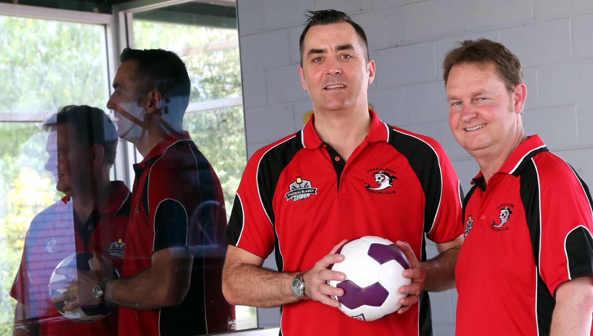 NEW REGIME: Lake Albert's new first grade women's coach Sam Gray with club president Andrew Manton. Picture: Les Smith