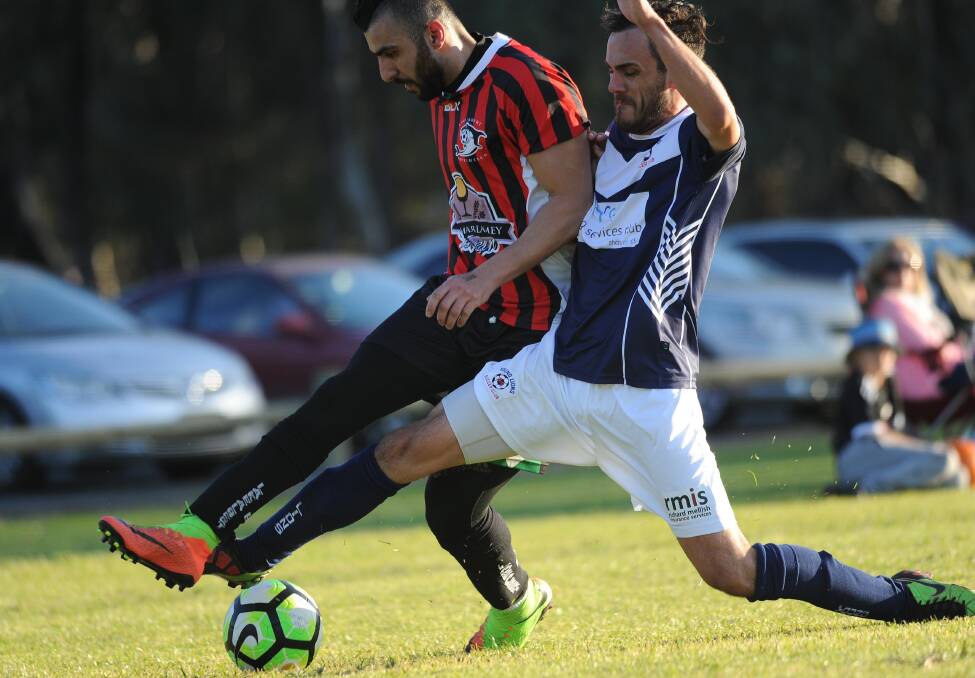 GOOD THINGS COME IN THREES: Henri Gardner, pictured playing against Tolland earlier this year, scored a hat-trick for Lake Albert against Wagga United on Saturday. 