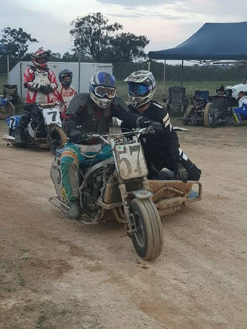 READY FOR ACTION: NSW dirt track sidecar competitors Pat Balk and Levi Quade at Wagga Speedway on Saturday. Picture: Supplied 