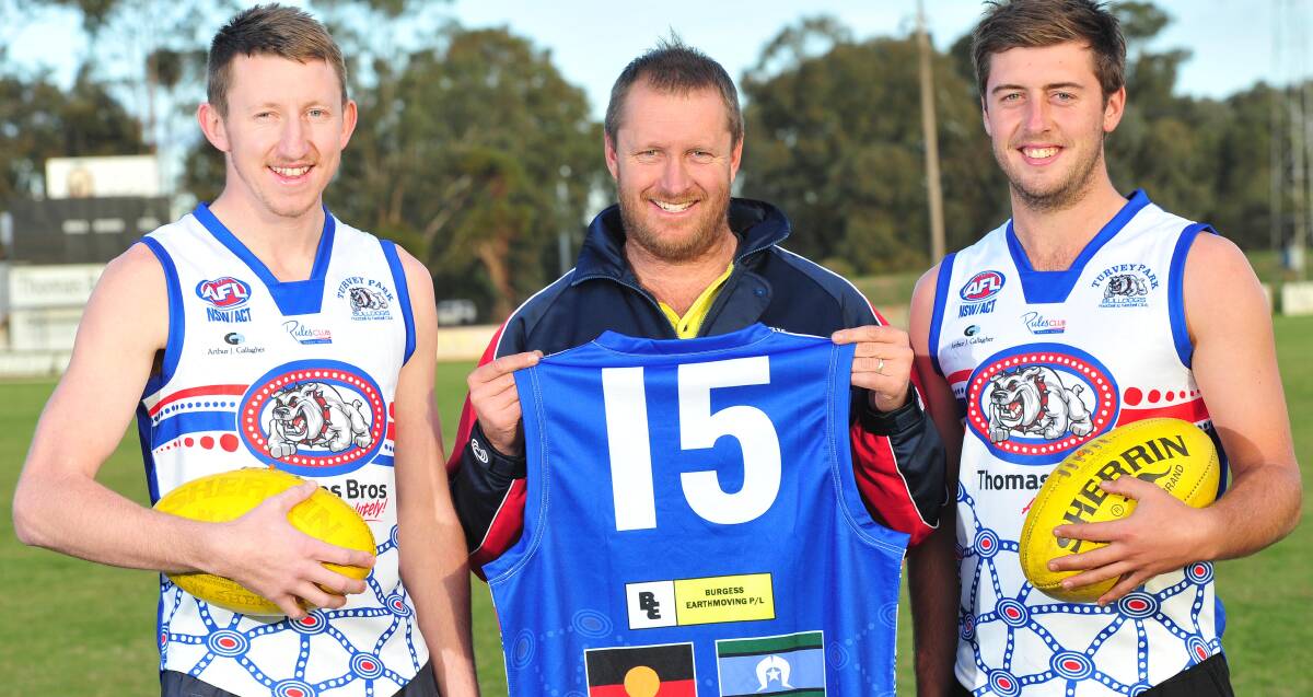 SPECIAL OCCASION: Turvey Park's Chase Grintell, coach Brad Burkinshaw and Jack Brooks show off the indigenous round jumpers. Picture: Kieren L Tilly