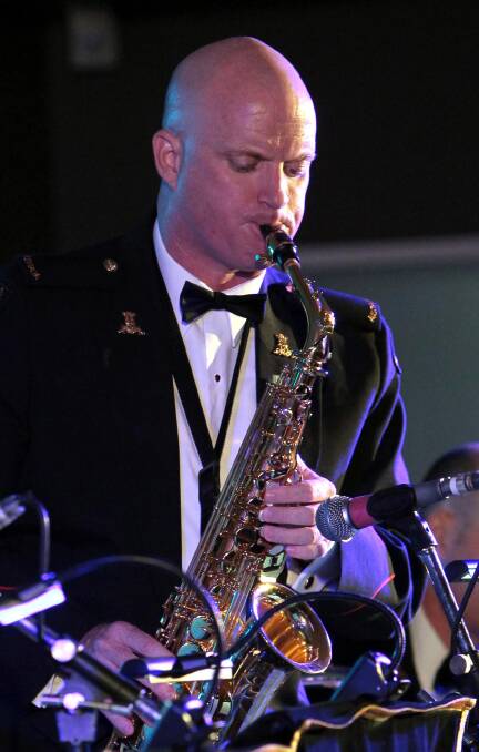 BLOWN AWAY: Musician Marcus McCray from the Australian Army Band Kapooka plays the saxophone at the Wagga International Jazz Day celebration. Picture: Les Smith