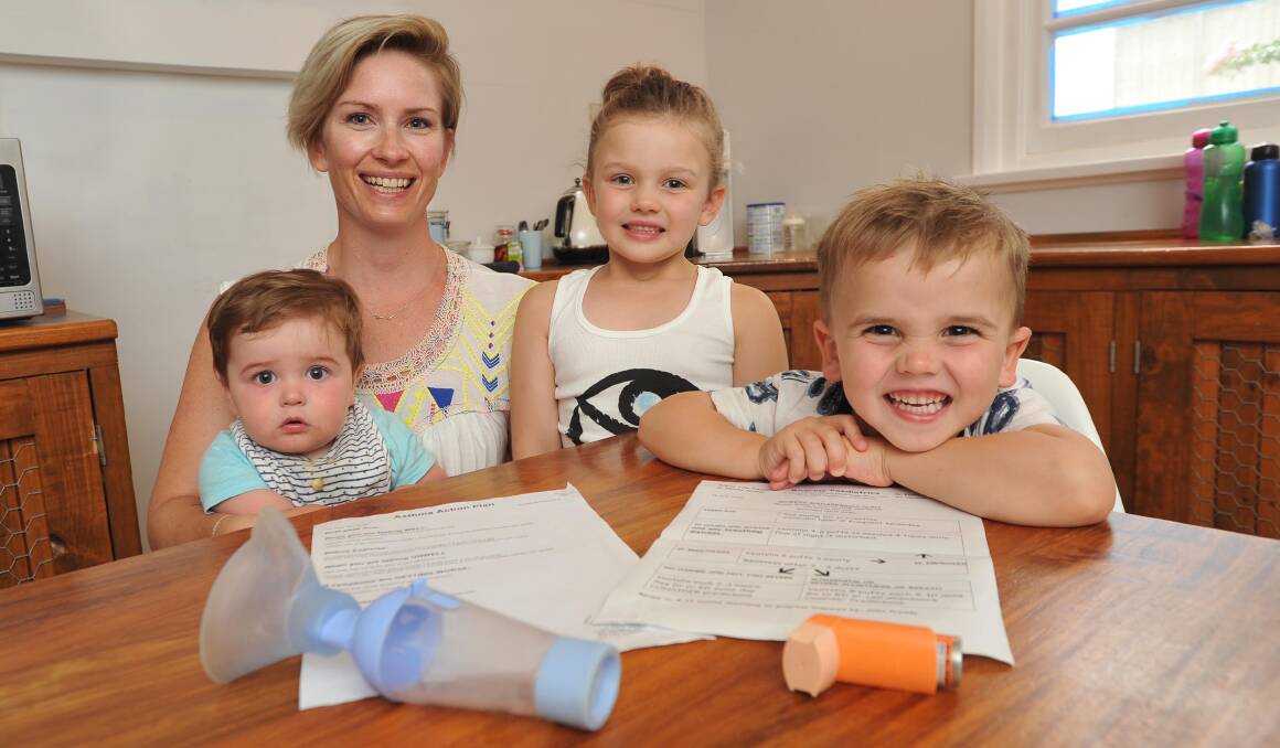 ASTHMA AWARE: Amber Traviss with children Bowie, 1, Ivy, 6, and Fox, 3, who all suffer from asthma. Picture: Laura Hardwick