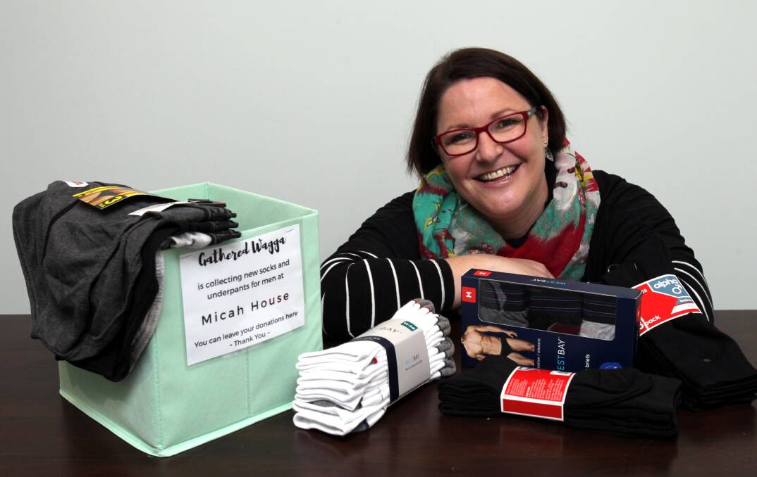 CALLING FOR ASSISTANCE: Nicky Alsemgeest has launched Gathered Wagga's first project, a sock and underwear collection for clients at Micah House. Picture: Les Smith