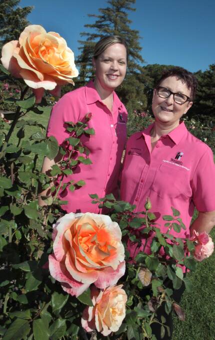 PRETTY IN PINK: McGrath Foundation breast cancer nurses Monica Jessop and Susan Munro help plant a Jane McGrath Rose at the Botanic Gardens. Picture: Les Smith