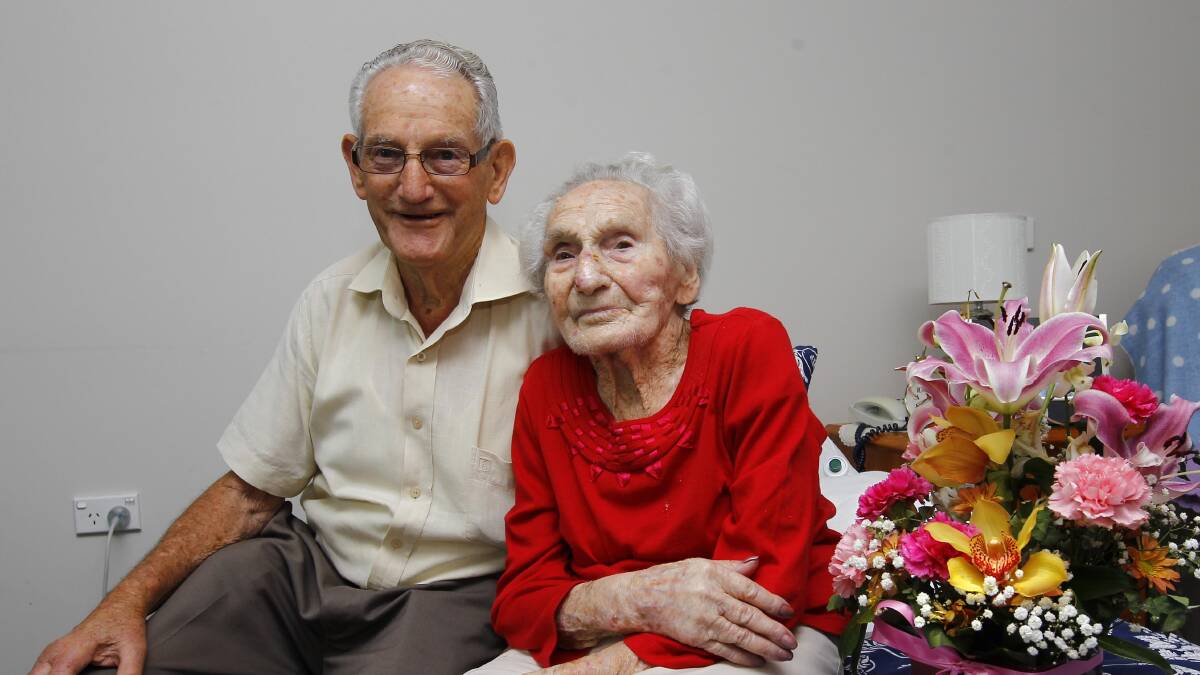 BIRTHDAY CELEBRATIONS: Georgina Dumont celebrates her 107th birthday with her son, Jack Dumont. Picture: Les Smith 