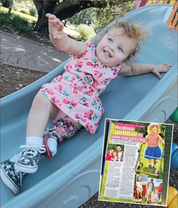 NATIONAL NEWS: Wagga's Mia Stewart, 2, and her family feature in the latest edition of Woman's Day (inset) to raise awareness about her condition, proximal femoral focal deficiency (PFFD).