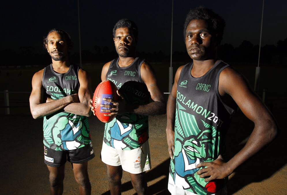 READY TO ROLL: Coolamon's Tiwi Bombers recruits Michael Dunn, Roy Kantilla and Jack Munkara at Kindra Park this week. Picture: Les Smith