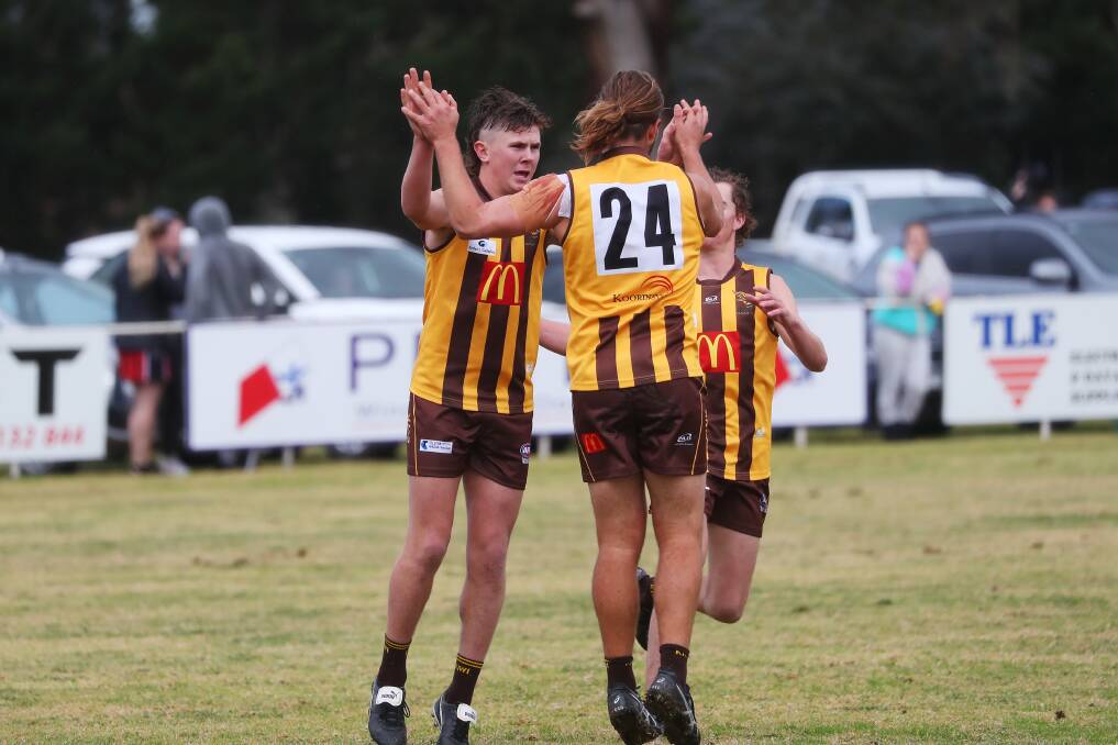 Jeremy Piercy celebrates a goal with Kade Rowbotham back during the 2021 season. Picture by Emma Hillier