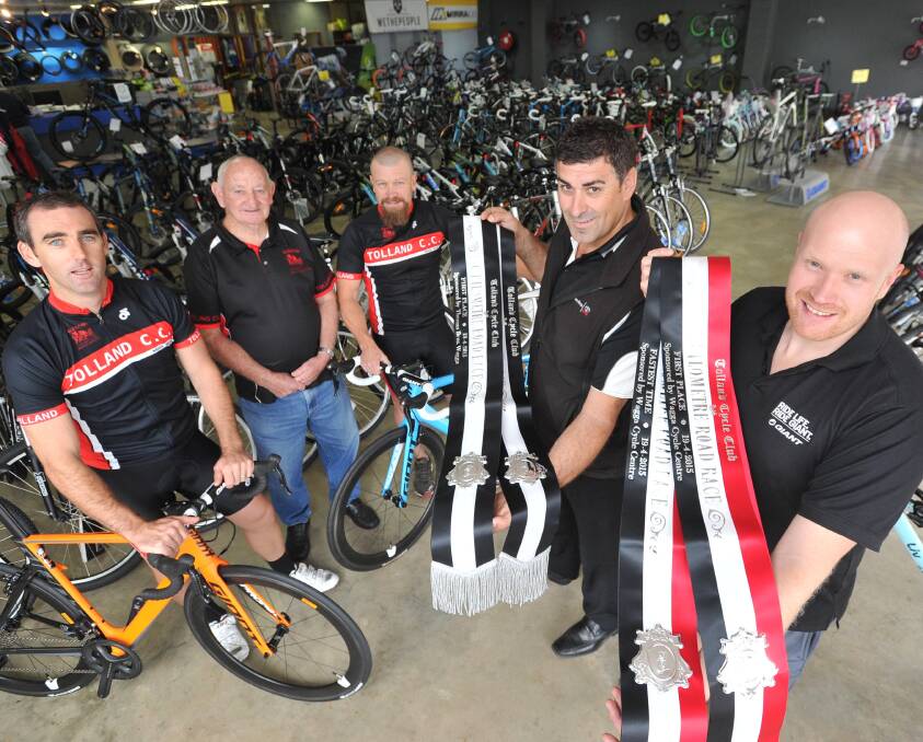READY TO GO: Gearing up for the Tolland Open is Will Silver, Barry O'Hagan, Daniel Addison, John Barac and Andrew Treloar at Wagga Cycle Centre on Friday. Picture: Laura Hardwick