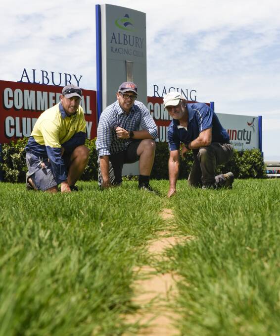 LOOKING GOOD: Racing NSW's Callum Brown, centre, with Albury Racing Club ground staff members, Ash Hockin, left, and Wayne Osteraas, right. Picture: Simon Bayliss