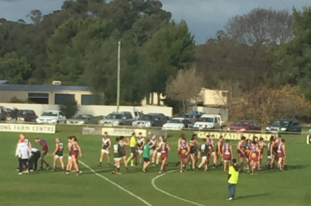 ALL HAPPENING: Players from Ganmain-Grong Grong-Matong and Coolamon clash at three-quarter-time. 