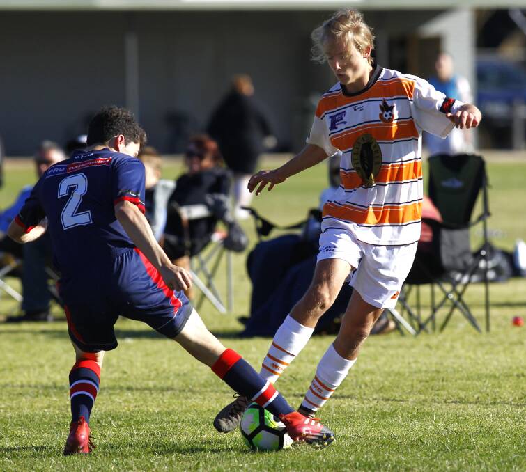 ON SONG: James Stening, pictured in action against Henwood Park last week, scored a vital goal in Wagga United's win over Cootamundra. Picture: Les Smith
