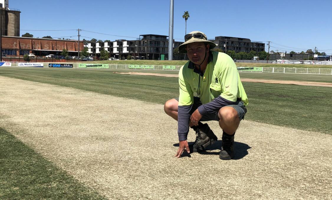 FINISHING TOUCH: Wagga City Council greenkeeper Tim Morrison has a look over the Robertson Oval wicket ahead of this weekend's WBBL double header. 
