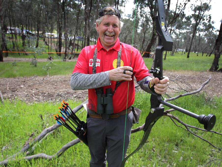 HAVING A BALL: Alan Eagleton, from California, enjoys himself at the World Field Archery Championships at Wokolena Range on Tuesday. Picture: Les Smith