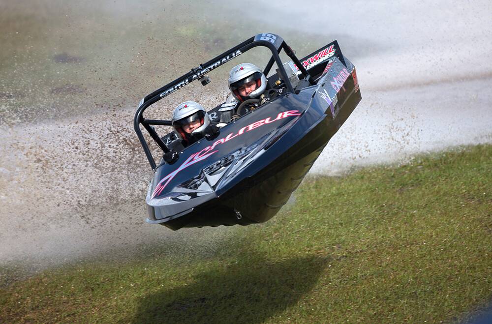 THRILLS AND SPILLS: Tony Giustozzi comes out of the water and takes to the air during a jet boat race. The Australian V8 Superboats will return to Griffith on Saturday.