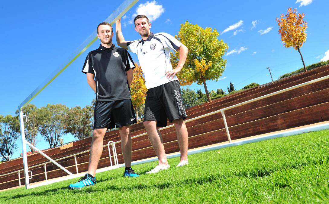 RETURN: Wagga City Wanderers defender Ally Macleod (right), pictured with team mate Jonny Mathers, will return to the team on Saturday.