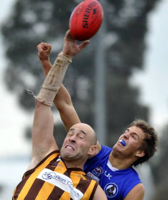 BACK IN ACTION: East Wagga-Kooringal's Chris Jackson competes against Temora's Daniel Leary last year. Jackson will return to the Hawks' line-up for the clash against Temora on Saturday.