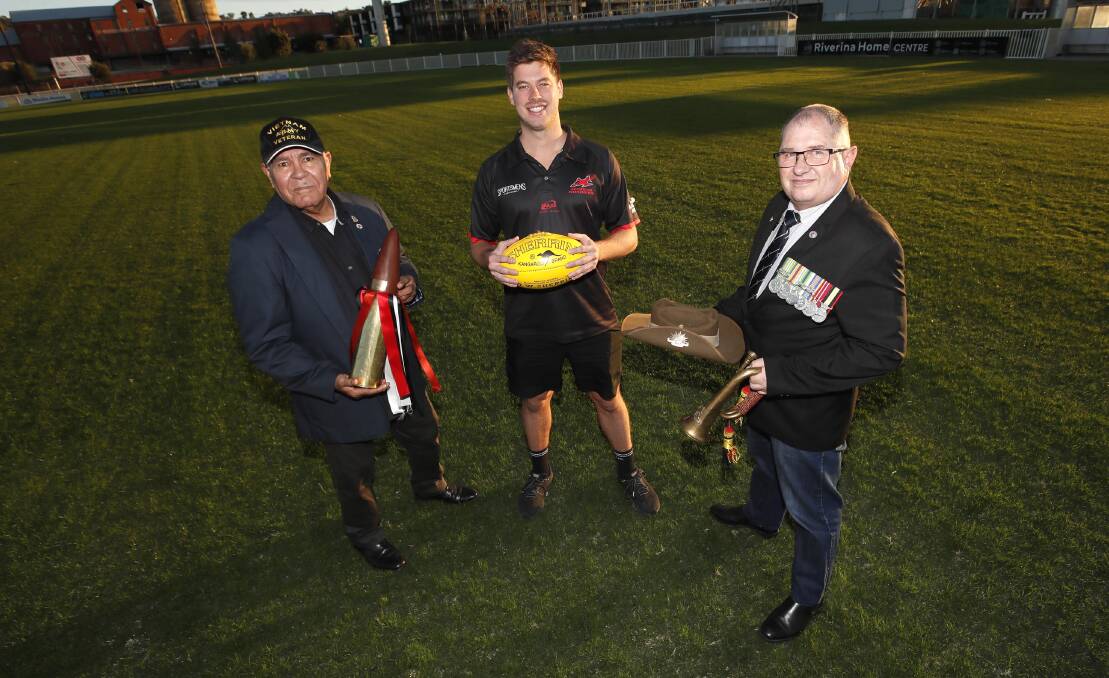 Marrar coach Cal Gardner with Vietnam veterans Hewitt Whyman (left) and Richard Salcole ahead of the 2022 ANZAC Challenge. Picture by Les Smith