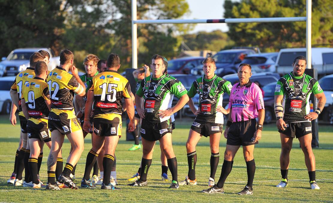 GAME ON: Gundagai and Albury players prepare to pack a scrum at this year's West Wyalong Knockout in February. Picture: Kieren L Tilly 