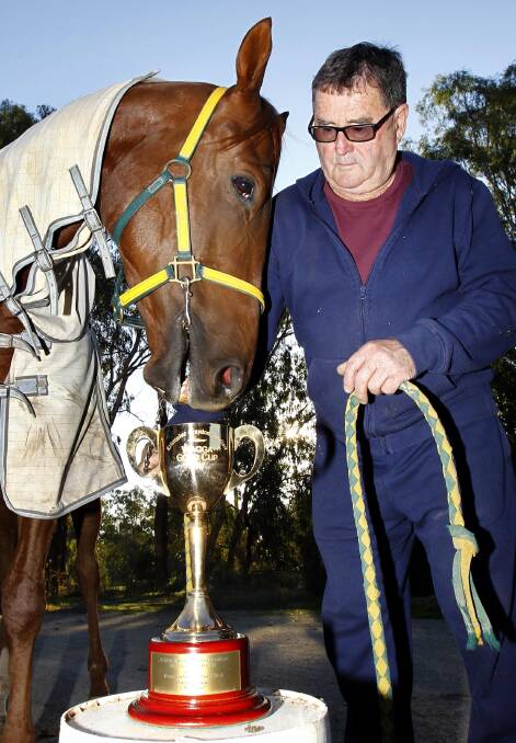 EYE ON THE PRIZE: Dyrham Park and trainer Dave Heywood inspect the Wagga Gold Cup ahead of Friday's $150,000 feature race. Picture: Les Smith