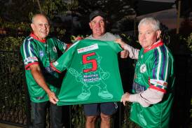 Lonnie Hampton, Chris Suckling and Mick Graham show off the Brothers' 1984 premiership reunion jumpers that will be worn as part of the Riverina Bluebell Cup against Young on Saturday. Picture by Les Smith