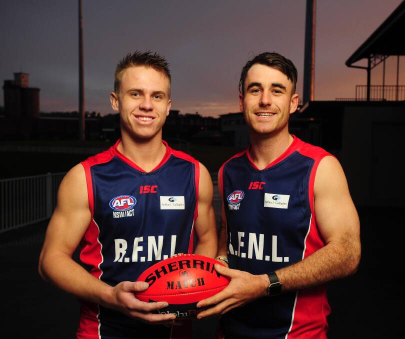 READY TO GO: Wagga Tigers footballers Nick McCormack, 19, and John Buchanan, 24, will represent Riverina League together for the first time on Saturday at Robertson Oval. Picture: Kieren L Tilly
