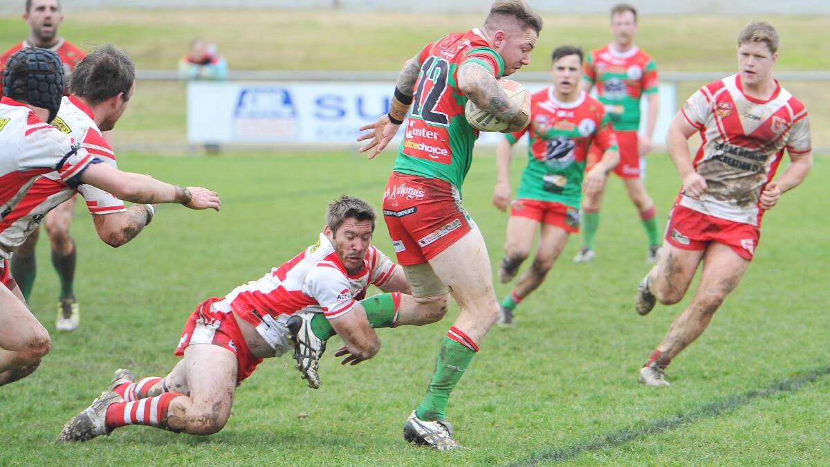 CHARGING THROUGH: Brothers backrower Seb Cottam makes his way through the Temora defence at Equex Centre on Saturday. Picture: Kieren L Tilly