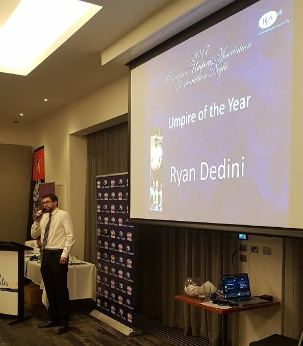 TOP HONOUR: Ryan Dedini receives the Umpire of the Year award at Riverina Umpires Association's presentation night on Friday. 