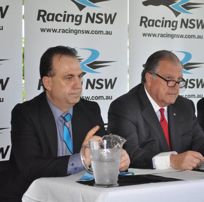 EXCITING TIMES: Racing NSW chief executive Peter V'Landys and chairman John Messara at Tuesday's announcement about increased prizemoney in Dubbo. Picture: Ben Walker