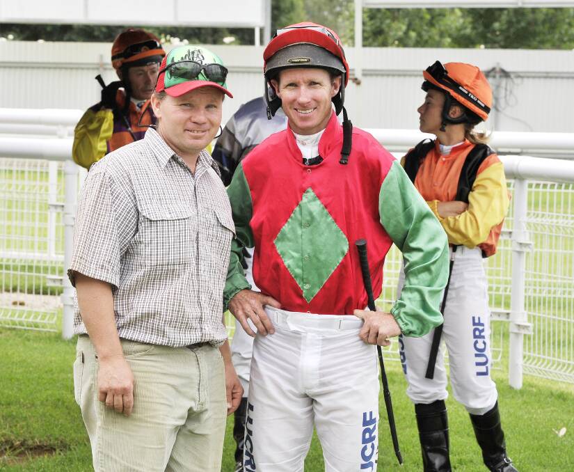 SPECIAL DAY: Robert Anderson and Brad Clark combined for an emotional victory with Chloe's Puppet at Wagga on Monday. Picture: Kieren L Tilly
