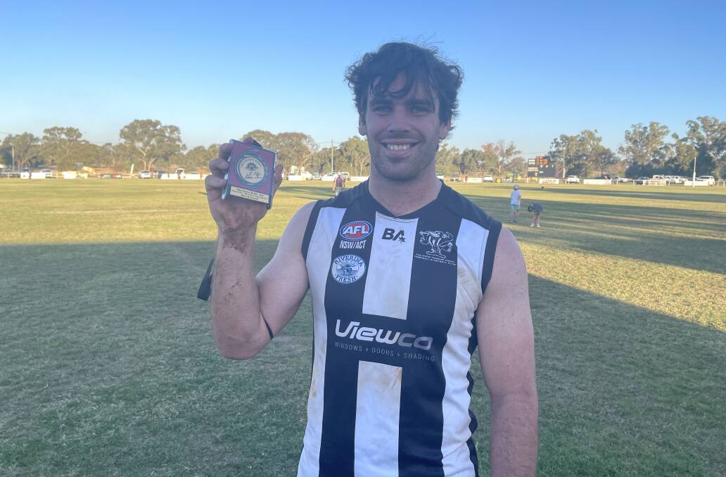 The Rock-Yerong Creek ruck Noah Budd shows off the Shea Pearce Medal for best-on-ground in the ANZAC Challenge on Saturday. Picture by Matt Malone