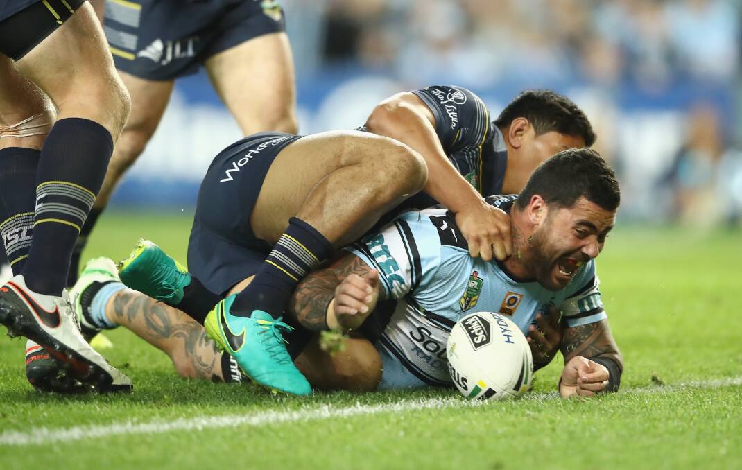 GRIFFITH BOY: Andrew Fifita crosses for a try, only for it to be disallowed, in Friday night's preliminary final against North Queensland. Picture: Getty Images
