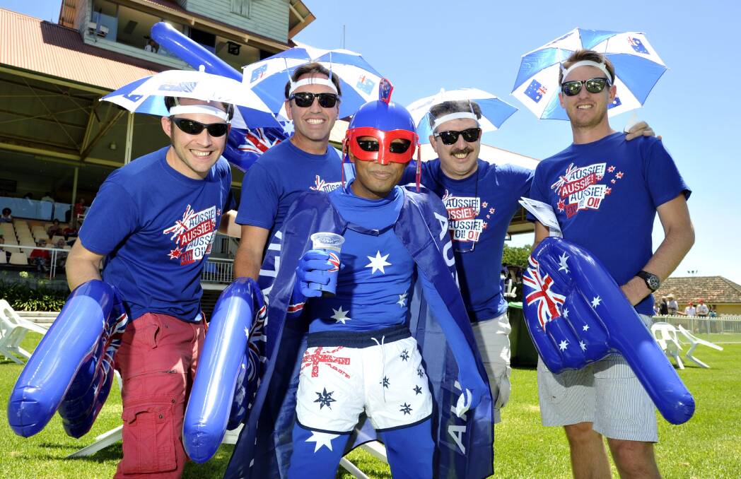 DAY OUT: Hayden Callander, Stuart Heine, Nepal Ghosh, Angelo Strano and Warren Fynn get into the spirit of things at the 2015 Australia Day race meeting. Picture: Les Smith