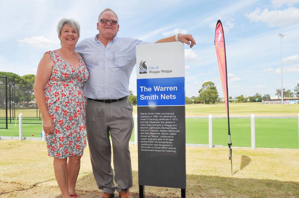 HONOURED: Legendary cricket coach Warren Smith with his wife Pam at the unveiling of the Warren Smith Nets last year. Picture: Kieren L Tilly